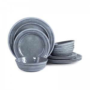 Stapelbares Melamin-Teller-Set im modernen Stil in grauer Farbe, Melamin-Schüssel-Set, 12-teiliges Geschirr-Set aus Melamin