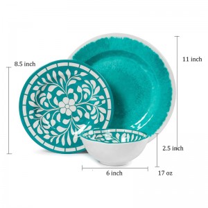 Produto popular de grau seguro para alimentos em conjunto de talheres de melamina verde e branco Conjunto de louça com padrão de flor de 12 peças