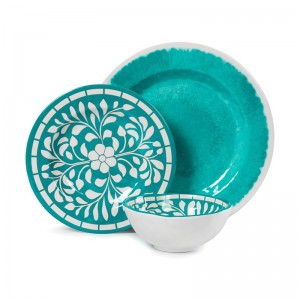 Oblíbený produkt v zelenobílém melaminovém nádobí v kvalitě pro potraviny 12dílná sada nádobí s květinovým vzorem