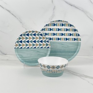 Conjunto de utensílios de melamina com design de decalque azul e branco, talheres de restaurante, pratos azuis, tigela, louça