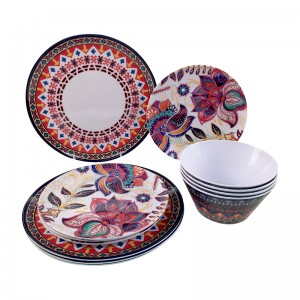 Melamine Kitchenware Product Plate Set vun 12 Sublimatioun Plastic Flatware Sets