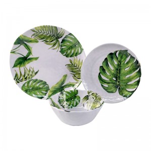 Conjuntos personalizáveis ​​de placas e tigelas de melamina simples e elegantes com design de folha verde de plástico para casa