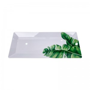 Bandeja de servir retangular de melamina, tamanho grande, novo design de folha verde, impressão, bandeja de plástico de melamina dura