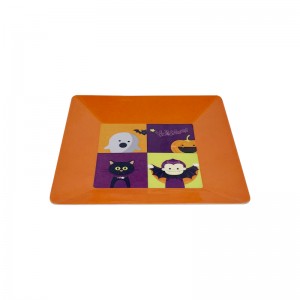 Helloween Festliches Kunststoff-Melamin-Geschirr-Set, oranger quadratischer Cartoon-Teller, Dessertteller, Halloween-Dekorationsteller