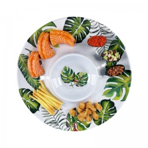 Внутреннее и наружное использование 13-дюймовый круглый зеленый лист с узором Пластиковая закусочная тарелка Меламиновый поддон для макания и чипсов