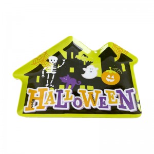 Helloween Festliches Kunststoff-Melamin-Geschirr-Set, gelbes Haus-Design, Halloween-Dekorationsteller