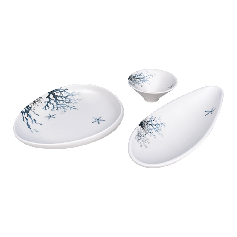 Japonská bílá barva hromadné balení boční talíř jídelní talíř a miska melaminová sada nádobí