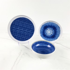 Melamine Plastik Benotzerdefinéiert Blue Grid Sträifen Muster Ronn Rand Plate Bowl Set BTH1061 BTH1062