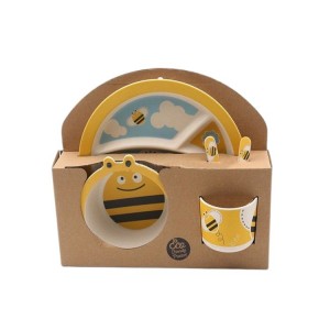 Stoviglie in fibra di bambù con stampa ape gialla stampata simpatico cartone animato per bambini, set da pranzo per bambini, piatto, ciotola, posate