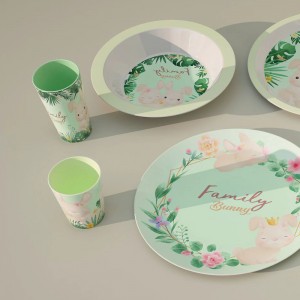 Nouveau personnalisé Eco vert lapin conception mélamine bambou enfants enfant bébé vaisselle vaisselle assiette bol tasse tasse avec couvercle en silicone