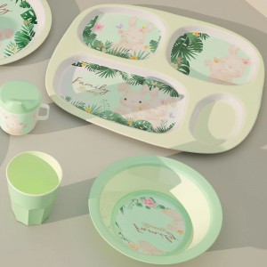 Nyt brugerdefineret Eco Green Bunny Design Melamin Bambus Børn Børn Baby Spiseservice Bordservice Tallerken Skål Kop Krus Med Silcon Låg