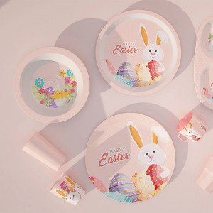 Nyt brugerdefineret Eco Pink Bunny Design Melamin Bambus Børn Børn Babyservice Service Tallerken Skål Kop Krus Med Silcon Låg