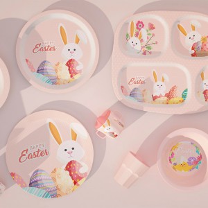 Nový zakázkový design Eco Pink Bunny Melamin Bambus Dětské Dětské Dětské Nádobí Nádobí Talíř Mísa Hrnek Hrnek se silikonovým víčkem