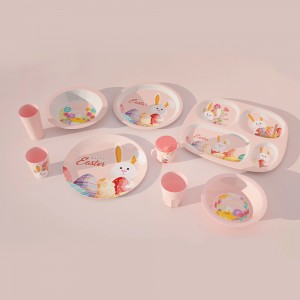 새로운 사용자 정의 에코 핑크 토끼 디자인 멜라민 대나무 어린이 키즈 아기 식기 식기 접시 그릇 컵 머그잔 실리콘 뚜껑