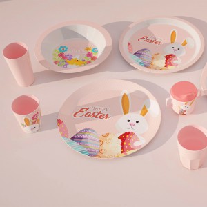 Новый пользовательский эко-розовый кролик дизайн меламиновая бамбуковая детская столовая посуда для детей посуда тарелка миска чашка кружка с силиконовой крышкой