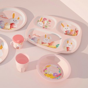 Nový zakázkový design Eco Pink Bunny Melamin Bambus Dětské Dětské Dětské Nádobí Nádobí Talíř Mísa Hrnek Hrnek se silikonovým víčkem