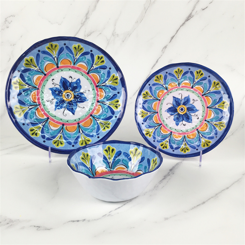 Plastic Aqua Blue Floral Design Modern Best Selling Melamine Elegant Home Dinnerware Set Featured Image