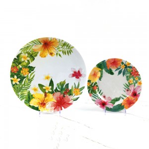 Conjunto de tigela de prato redondo com padrão de flores tropicais elegantes de melamina de plástico de verão