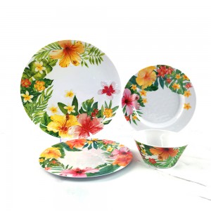 Juego de cuencos y platos redondos con estampado de flores preciosas tropicales elegantes de melamina de plástico de verano
