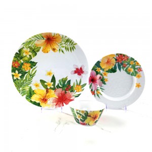 Conjunto de tigela de prato redondo com padrão de flores tropicais elegantes de melamina de plástico de verão