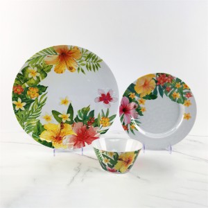 Sommer-Kunststoff-Melamin-Set mit eleganten, tropischen, wunderschönen Blumenmustern, runden Tellern und Schüsseln