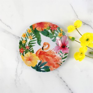 Летний пластиковый меламин, элегантный фламинго, тропические листья, цветок, собственный дизайн, круглая тарелка