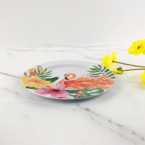 夏のプラスチックメラミンエレガントなフラミンゴシングルトロピカルリーフフラワー独自のデザインラウンドプレート皿