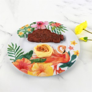 Assiette ronde en plastique et mélamine, flamant rose élégant, feuilles tropicales simples, fleur, propre Design, été