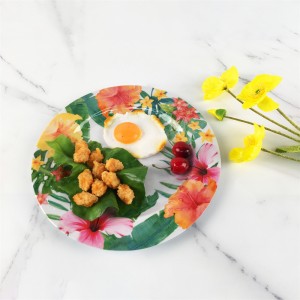 Sommer-Kunststoff-Melamin-Set mit eleganten, tropischen, wunderschönen Blumenmustern, runden Tellern und Schüsseln