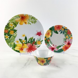 Ensemble de bols d'assiettes rondes en plastique mélamine d'été, élégant motif de fleurs tropicales magnifiques