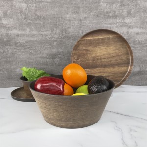 Tigela marrom para salada de melamina com design de madeira duplo com acabamento fosco personalizado