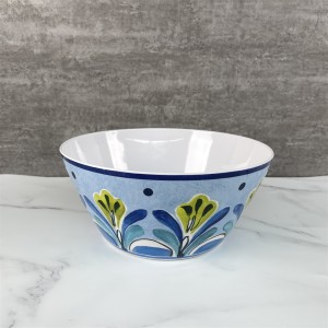 Tigela de servir salada de melamina com design de flor azul com acabamento fosco personalizado