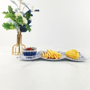 Bandeja de comida com padrão azul personalizado de plástico melamina com três grades