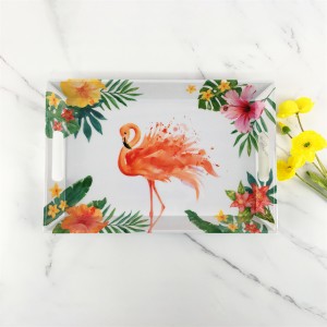Plastic Melamine Elegant Tropical Jungle Floral Flamingo Pattern Rectangular Deep Tray With Hndle