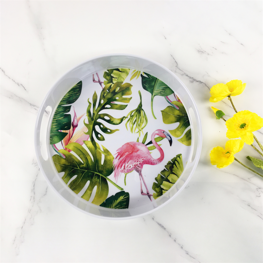 Plastic Melamine Elegant Tropical Jungle Leaf Flamingo Pattern Round Deep Tray With Handle Featured Image