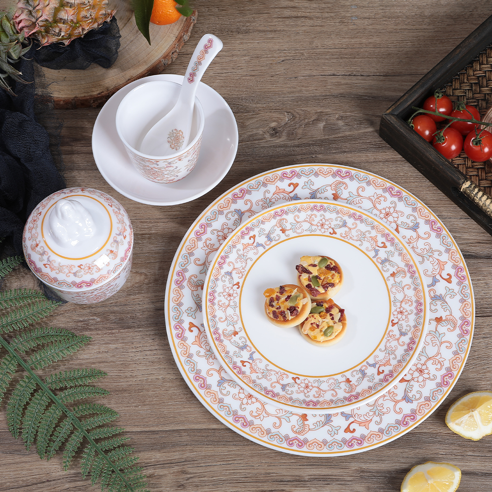 Plastic Melamine Elegant Enamel Porcelain Design Chinese Ancient Court Style Luxury Red Dinnerware Set Featured Image