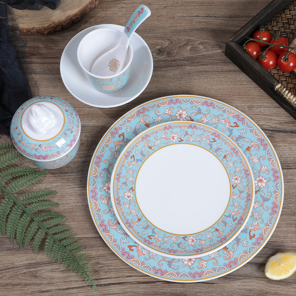 Plastic Melamine Elegant Enamel Porcelain Design Chinese Ancient Court Style Blue Luxury Dinnerware Set Featured Image