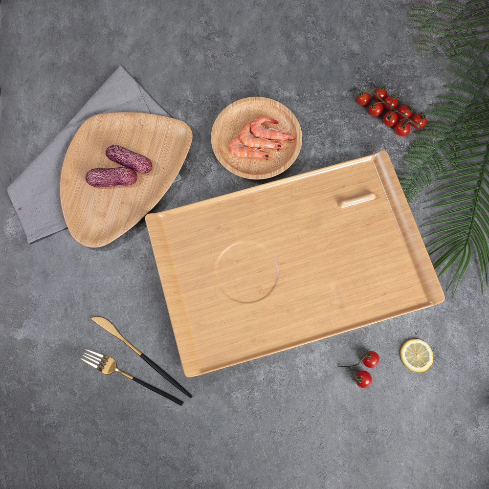 Custom Melamine Tableware Wooden Pattern Simple Cutlery Trays Pedestals Meal Dinner Plate Sets