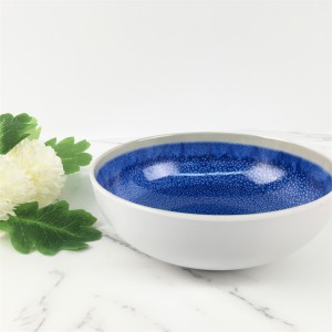 Melamine Plastic Custom Blue Grid Stripes Pattern Round Edge Plate Bowl Set BTH1061 BTH1062