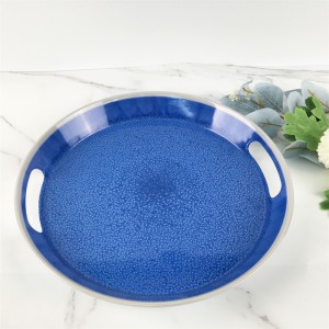 Melamine Plastic Custom Blue Kiln Change Pattern ორმაგი სახელურები დიდი მრგვალი უჯრა