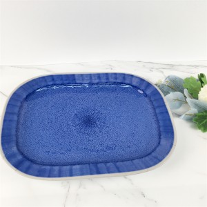 Melamine Plastic Custom Blue Kiln Change Pattern Rounded Rectangle Deep Plate