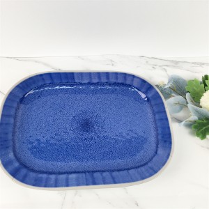 Melamine Plastic Custom Blue Kiln Change Pattern Rounded Rectangle Deep Plate