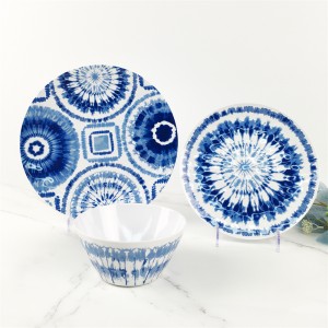 Melamin-Kunststoff, individuelles blaues Muster, runde Teller-Schüssel, drei Gitter-Teller-Set