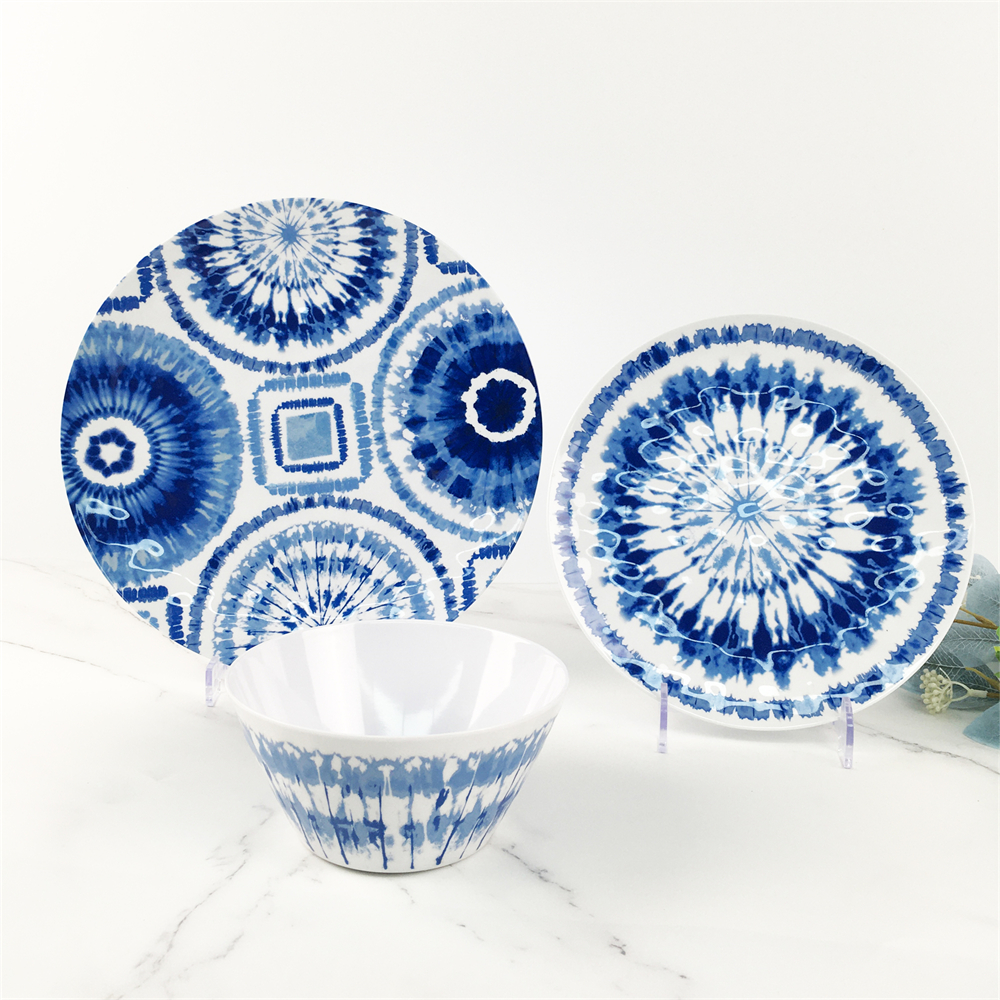 Melamine Plastic Custom Blue Pattern Round Plate Bowl Three Grid plate Set Featured Image