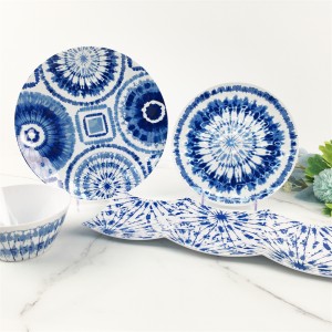 Melamine Plastic Custom Blue Pattern Round Plate Bowl ឈុតចានក្រឡាចត្រង្គចំនួនបី