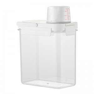 Distribuidor de detergente para a roupa com copo de medição com alça, recipiente transparente de armazenamento de pó de lavagem