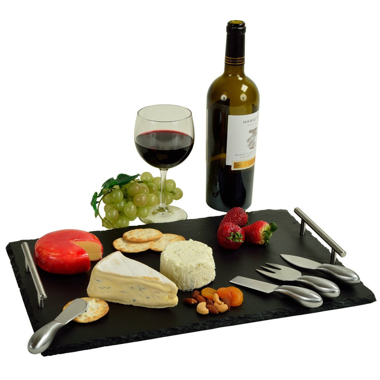 Cosen black natural slate food serving tray with metal handles