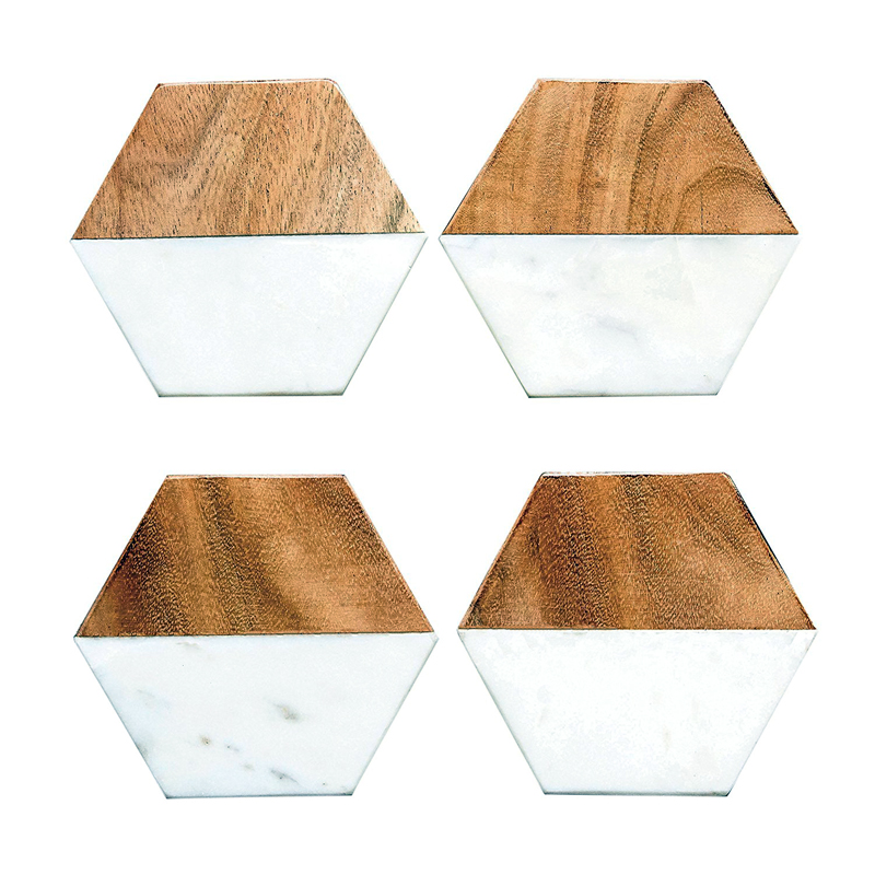 Wood & Marble Hexagon Coaster Set of