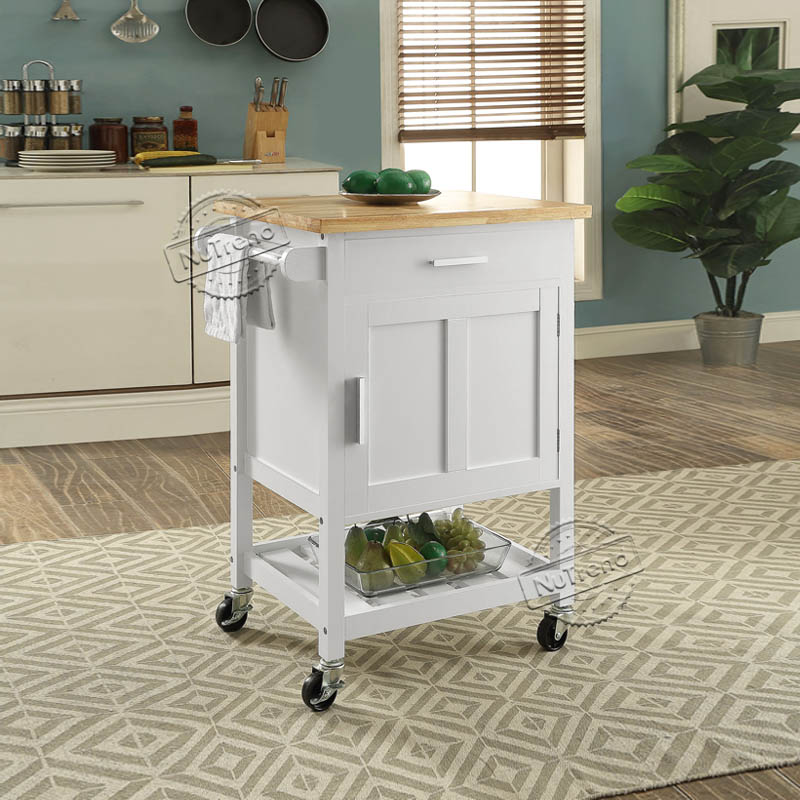 Rubber Wood Top White Rolling Kitchen Trolley Cart 102053