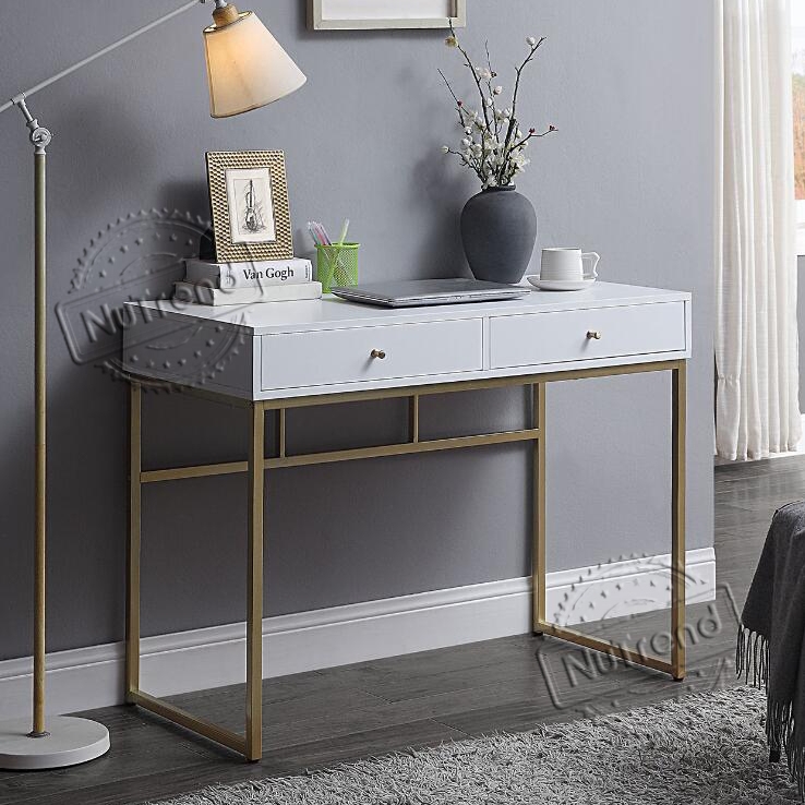 White Gold Desk with 2 Drawers and Metal Legs Perfect for Small Home Office,Simple Study Makeup Vanity Console Dressing Table Modern Furniture 503090